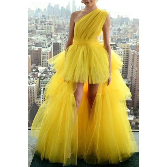 Bronx and Banco Anna One Shoulder Tiered Tulle Yellow Sheer Maxi Gown Size XS - Picture 1 of 16